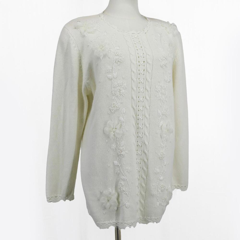 Koret Vintage White Floral Embroidered Sweater Beaded 3D Flowers Knit Pullover M